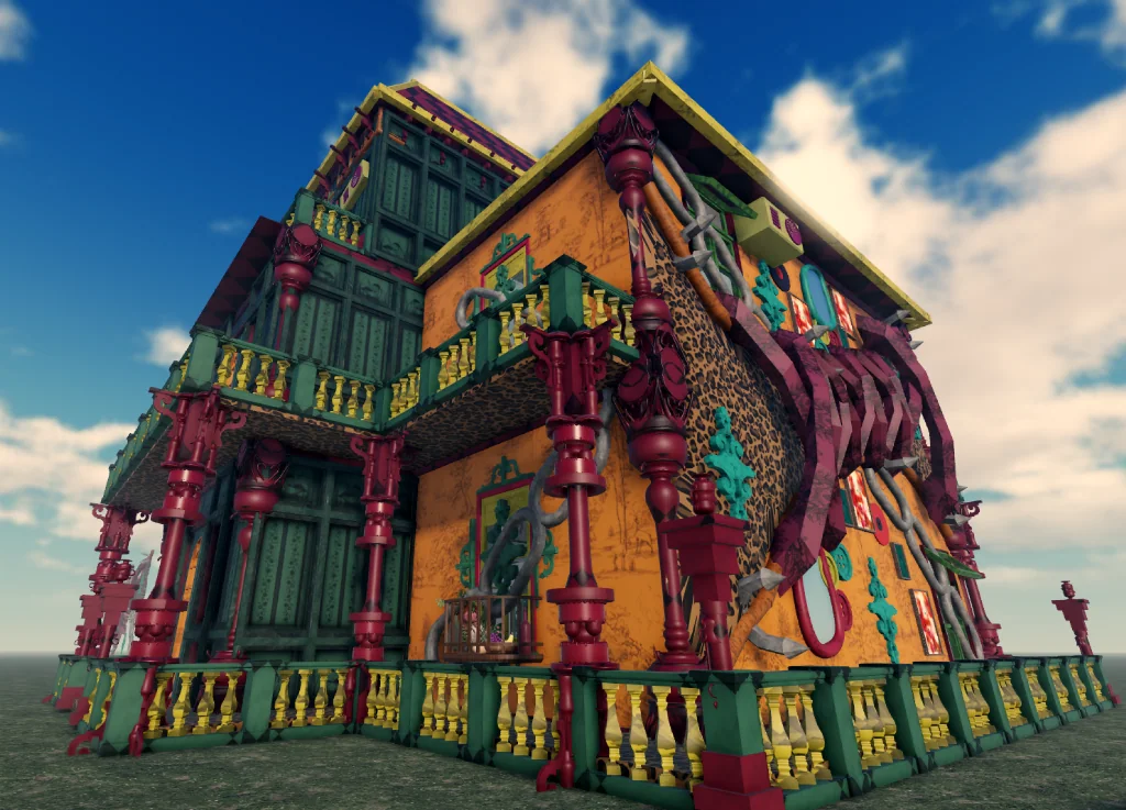 A colorful multi-story Victorian-style exterior build made in Blueprint.