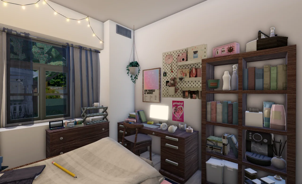 A cozy bedroom desk corner with shelves, string lights, and detailed decoration in Blueprint.