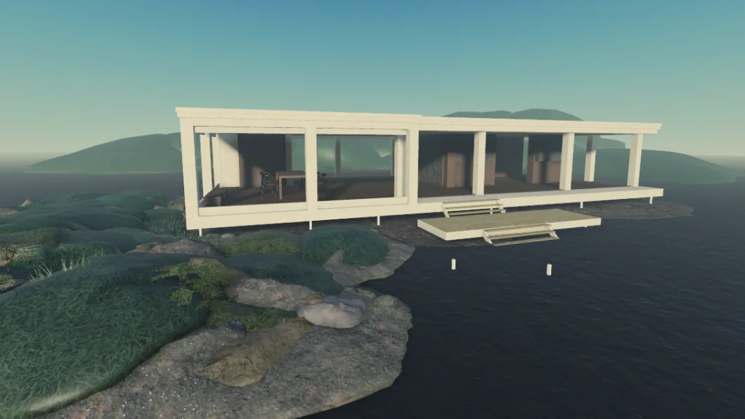 A modern glass house build positioned over water in Blueprint.
